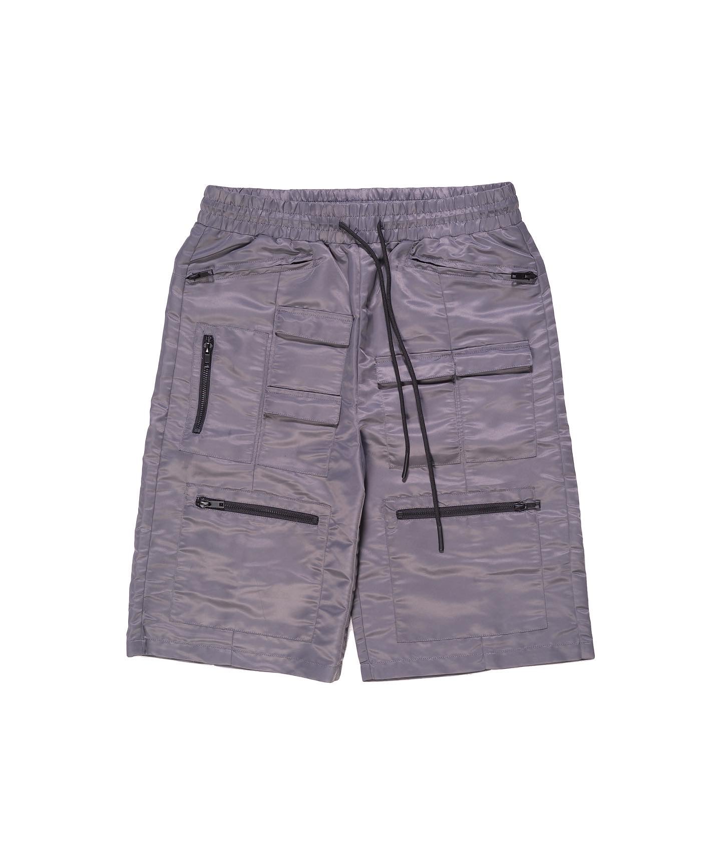 MULTI-POCKET GREY NYLON CARGO SHORTS
