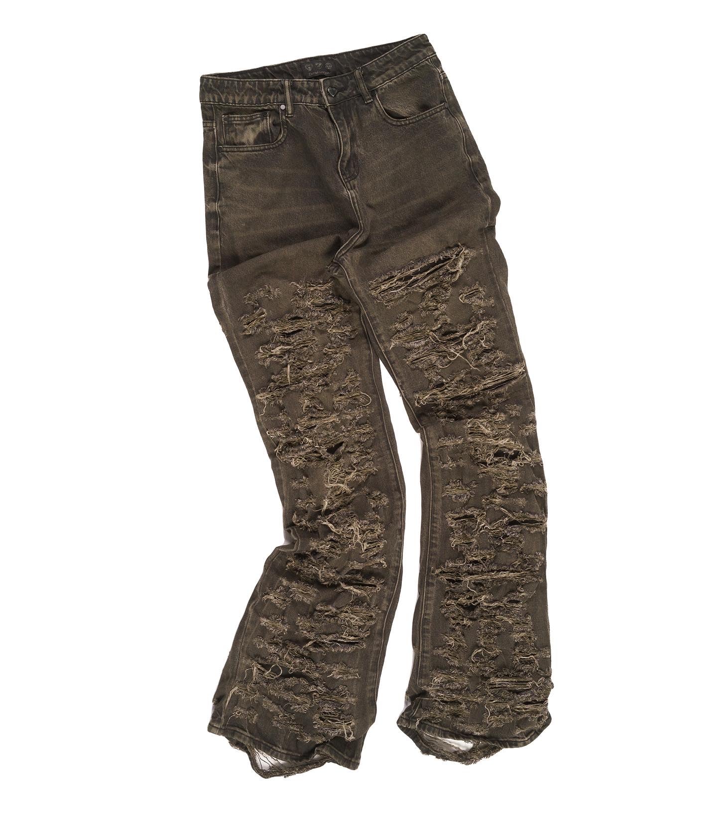 THRASHED MILITARY OLIVE GREEN FLARED DENIM