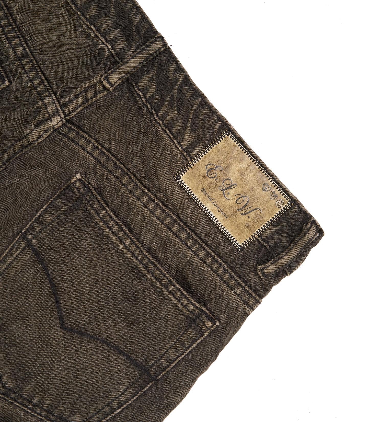 THRASHED MILITARY OLIVE GREEN FLARED DENIM