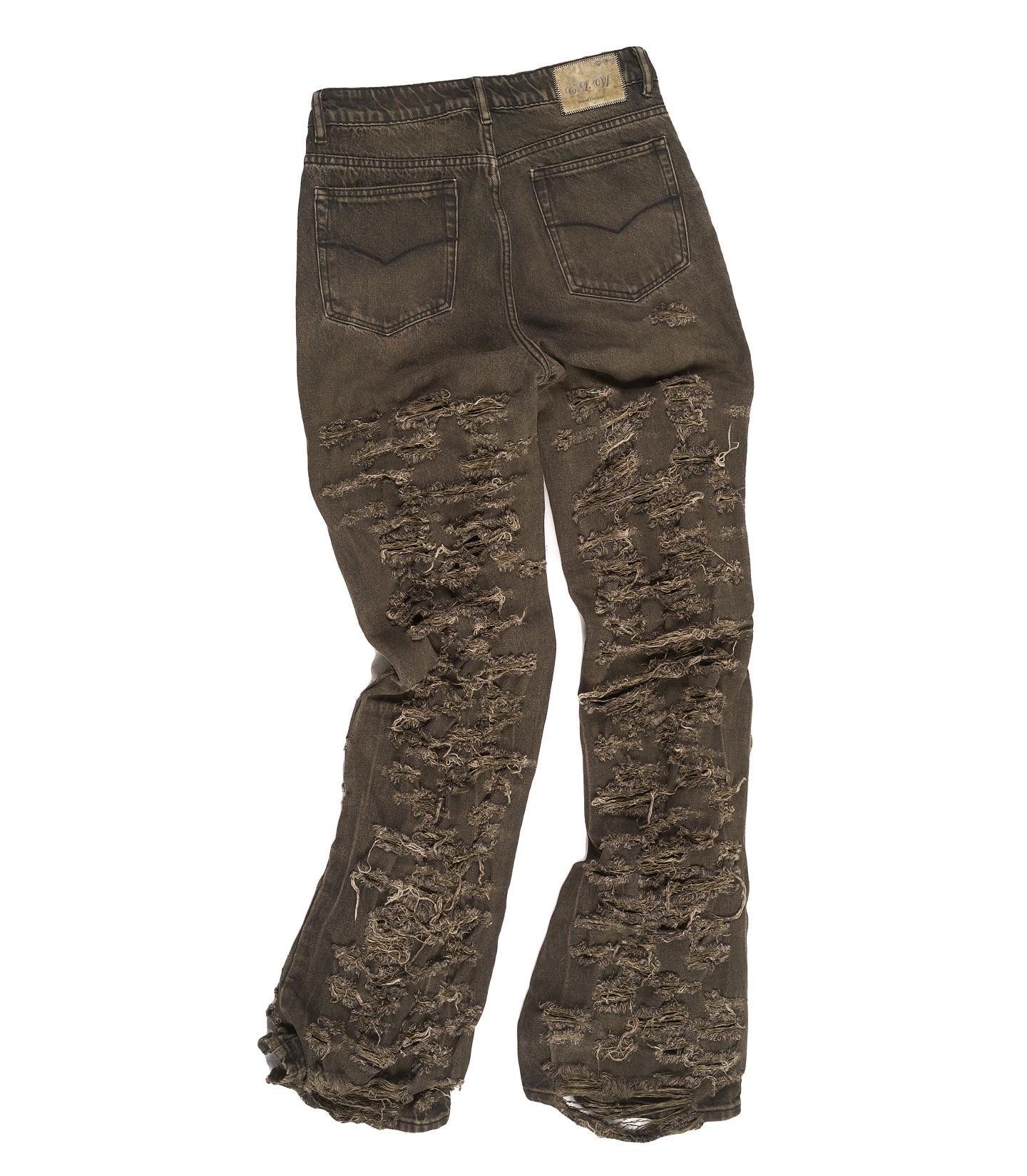 THRASHED MILITARY OLIVE GREEN FLARED DENIM