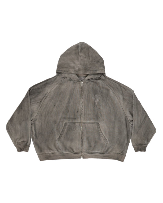 IRON GREY STAINED OVERSIZED ZIP UP HOODIE