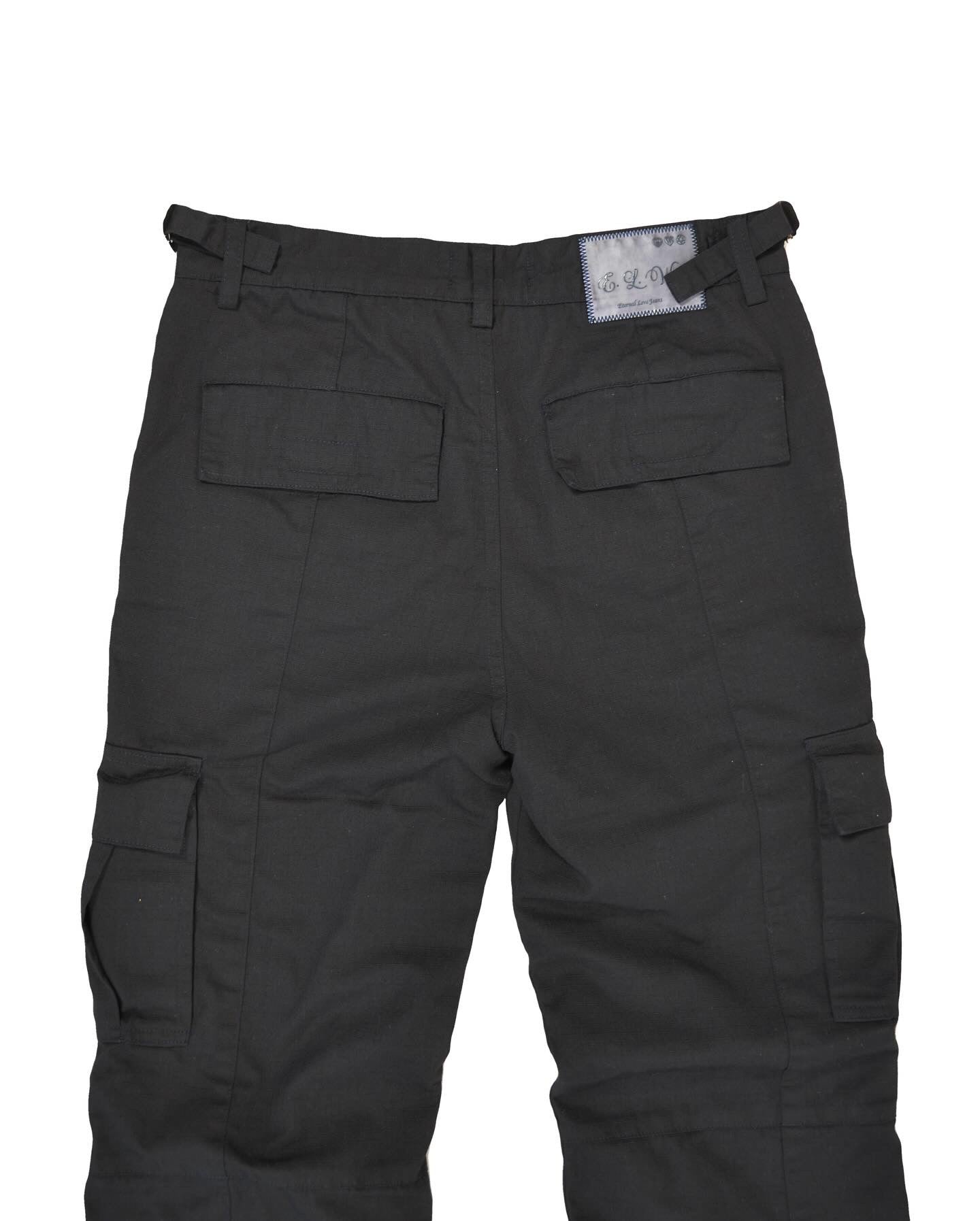 BLACK FLARED RIP STOP CARGO PANTS