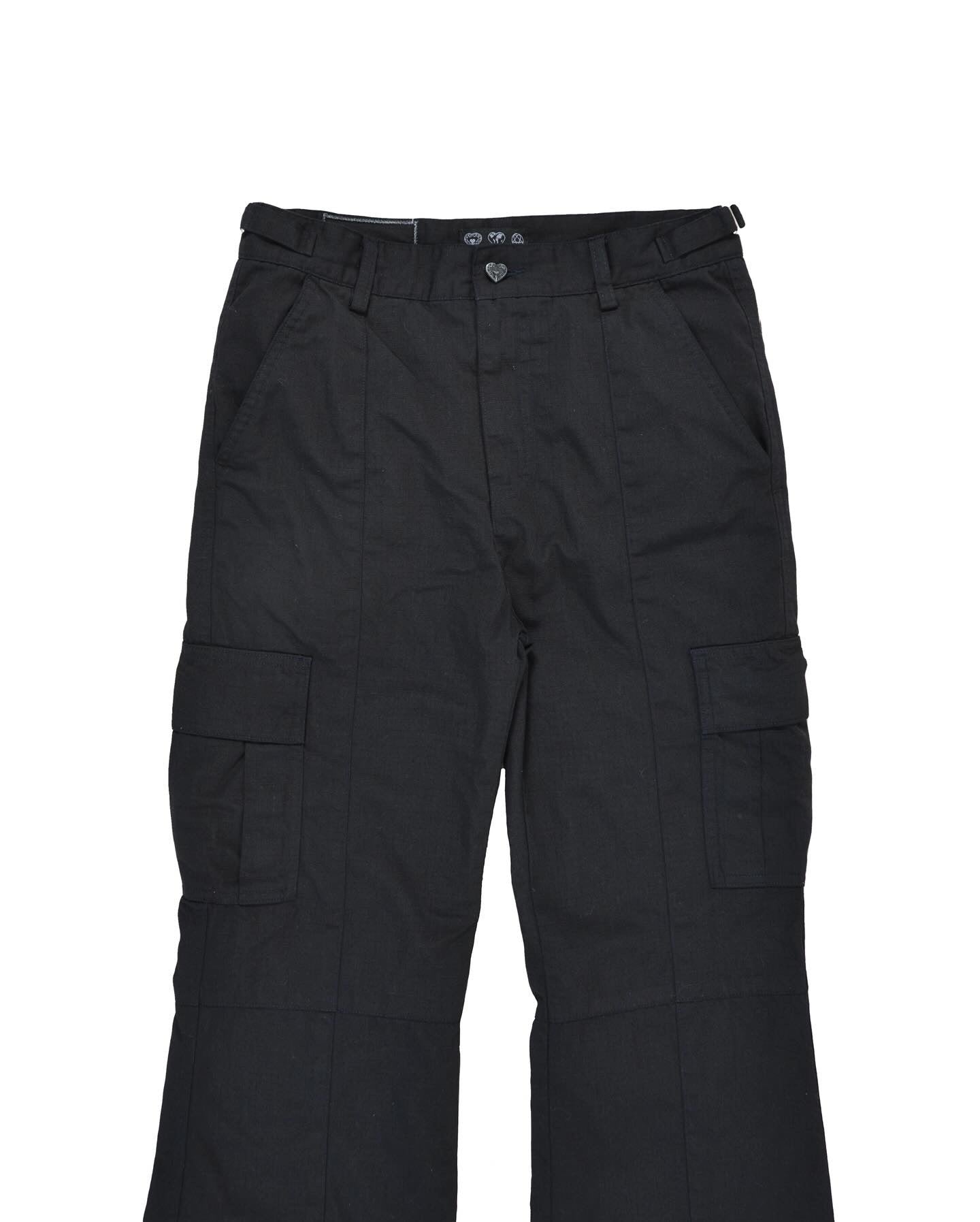 BLACK FLARED RIP STOP CARGO PANTS